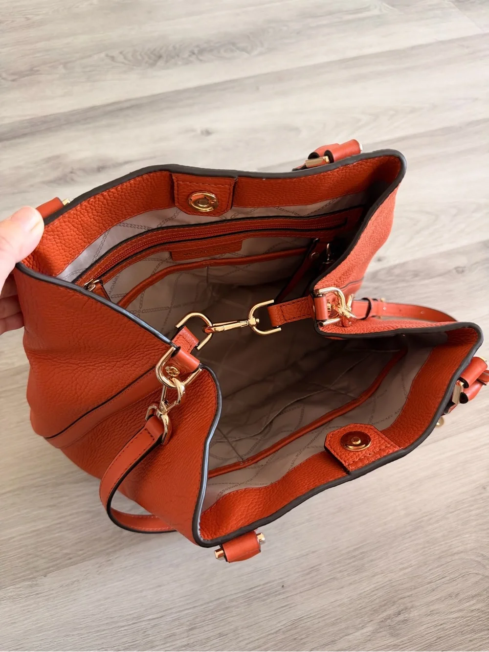 Michael Kors Orange Pebbled Leather Satchel with Gold Accents